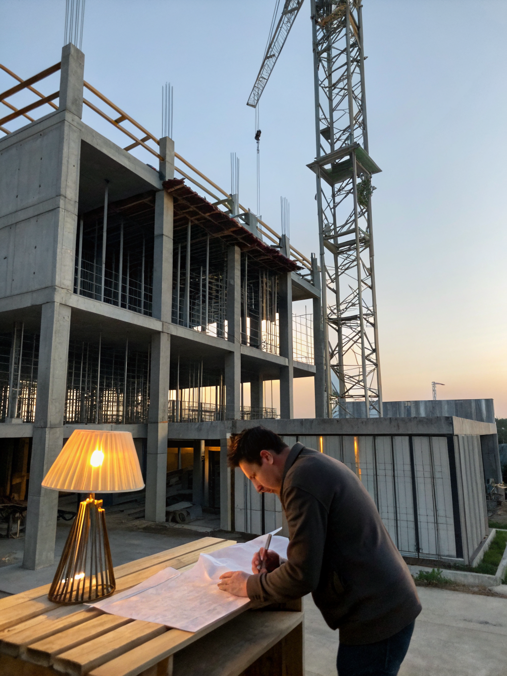 Modern construction site during blue hour with architectural lighting