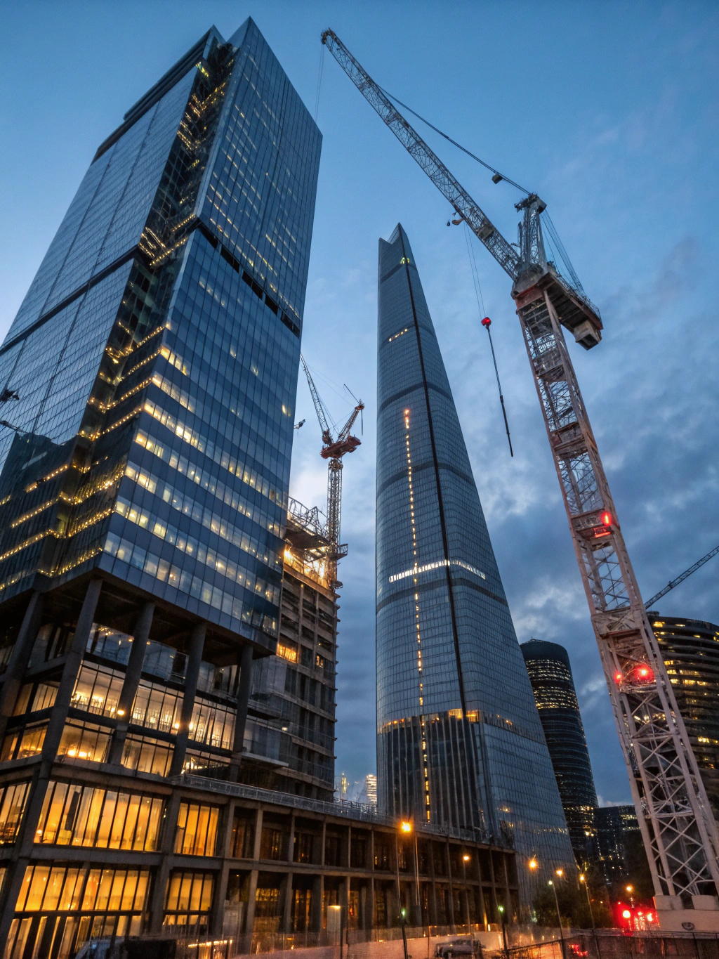 High-contrast architectural shot of a modern real estate development site at blue hour